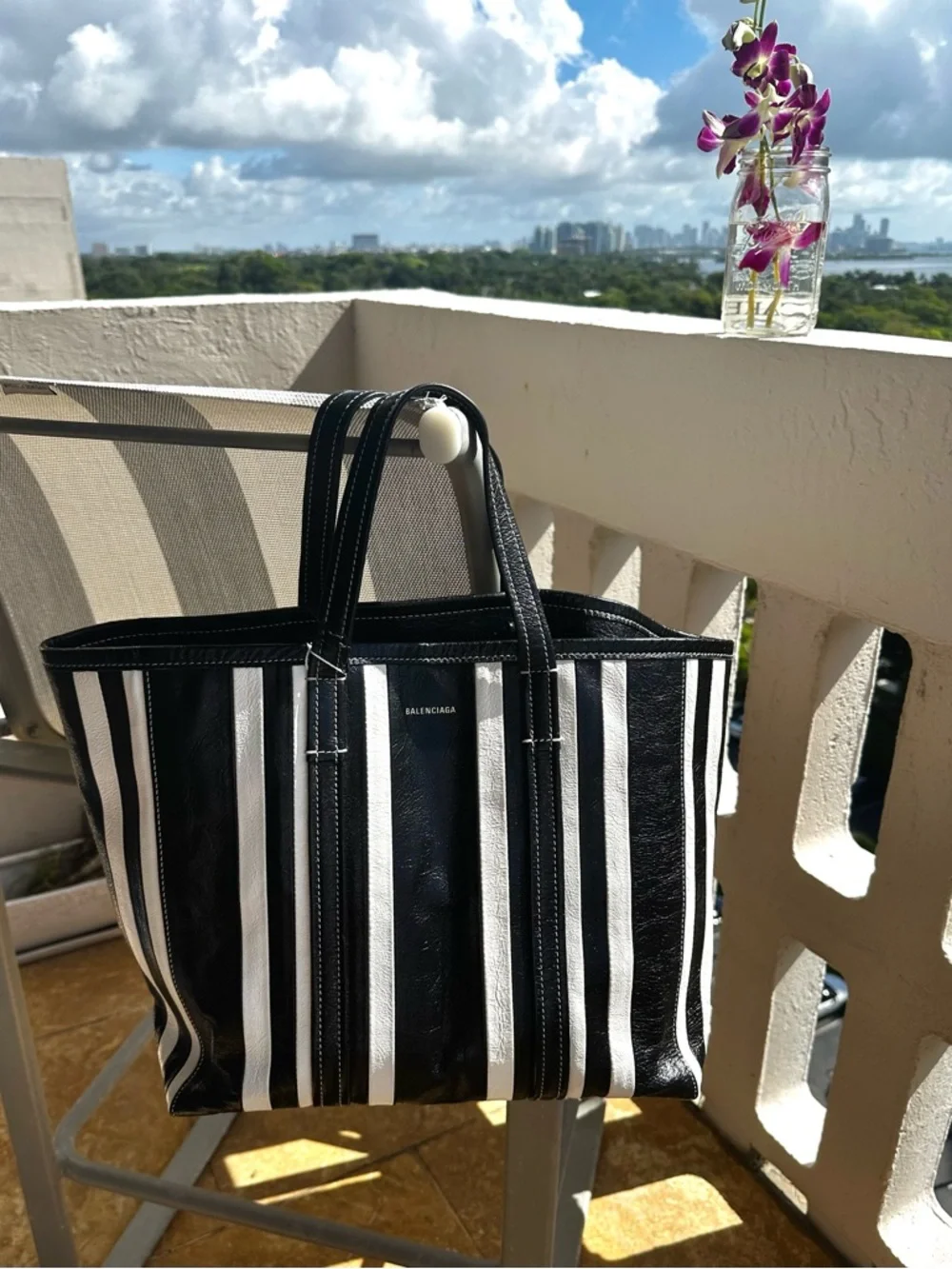 Balenciaga Barbes East-West Shopper Tote Black White Striped Leather Bag - Picture 7 of 16